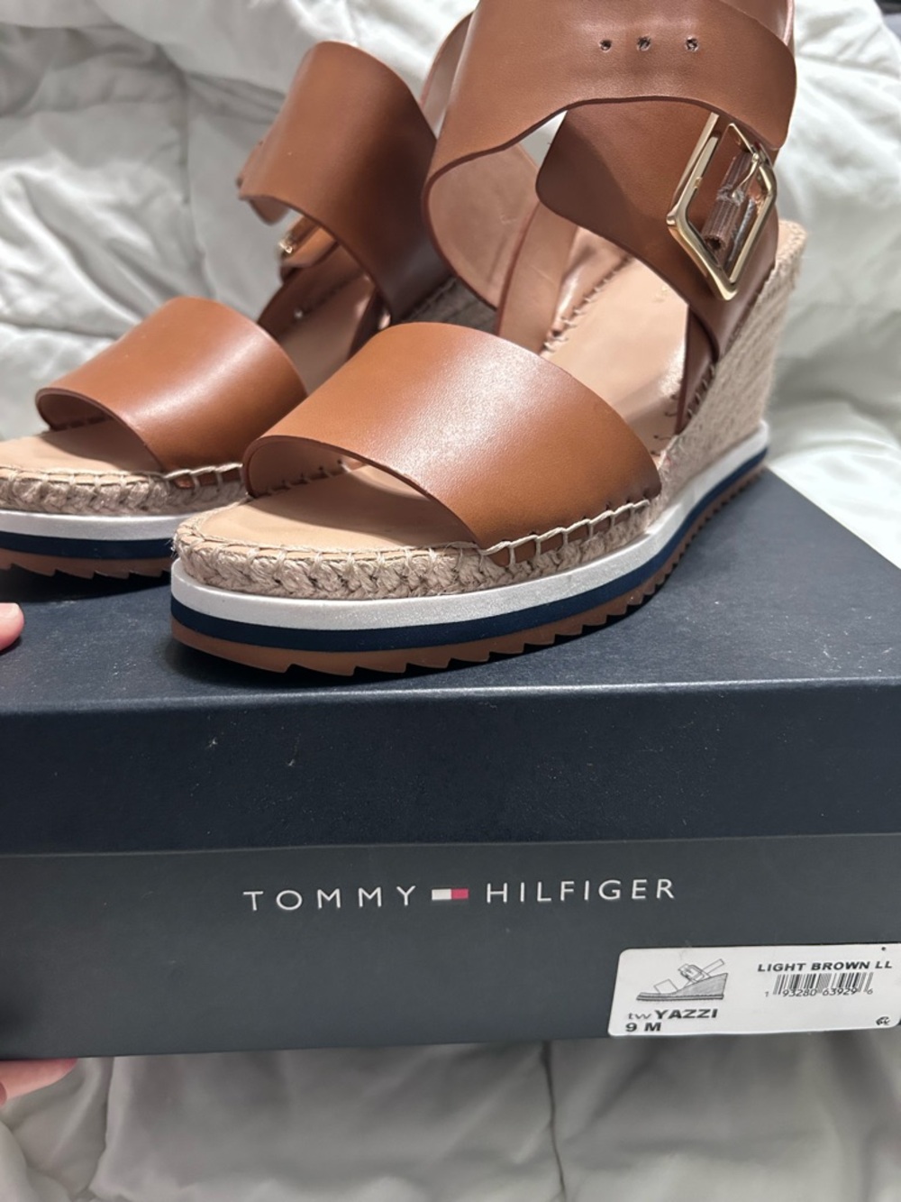 Tommy Hilfiger Tan Leather Wedge Espadrille Sandals with Gold Buckle